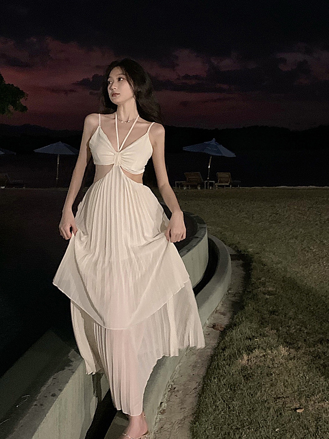 

LULU & SKY Halter Neck Sleeveless Maxi Dress, Beige