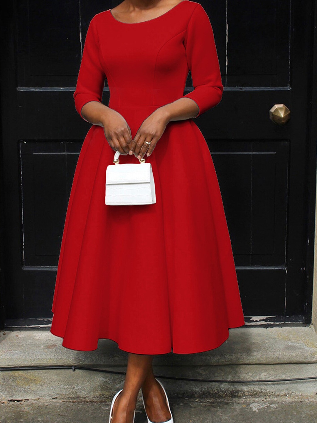 

LULU & SKY Round Neck Fit & Flare Midi Dress, Red