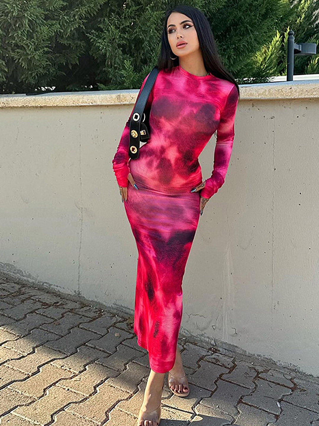 

LULU & SKY Abstract Dyed Round Neck Knee Length Sheath Dress, Pink
