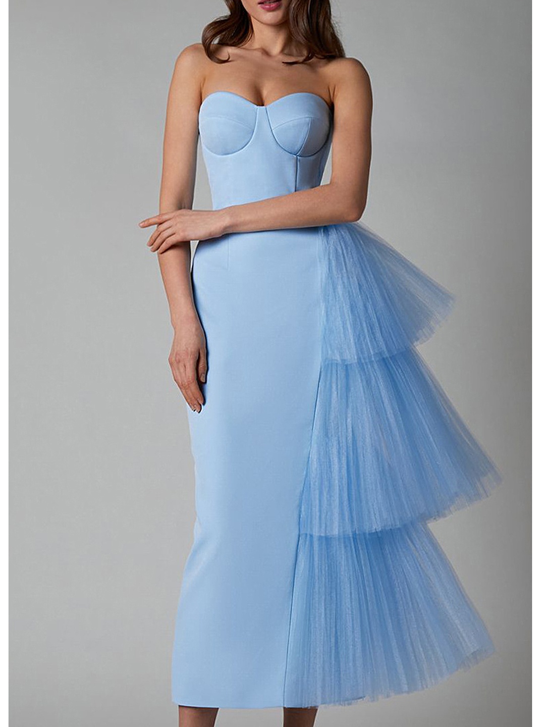 

LULU & SKY Strapless Ruffles Detail Midi A-Line Dress, Blue