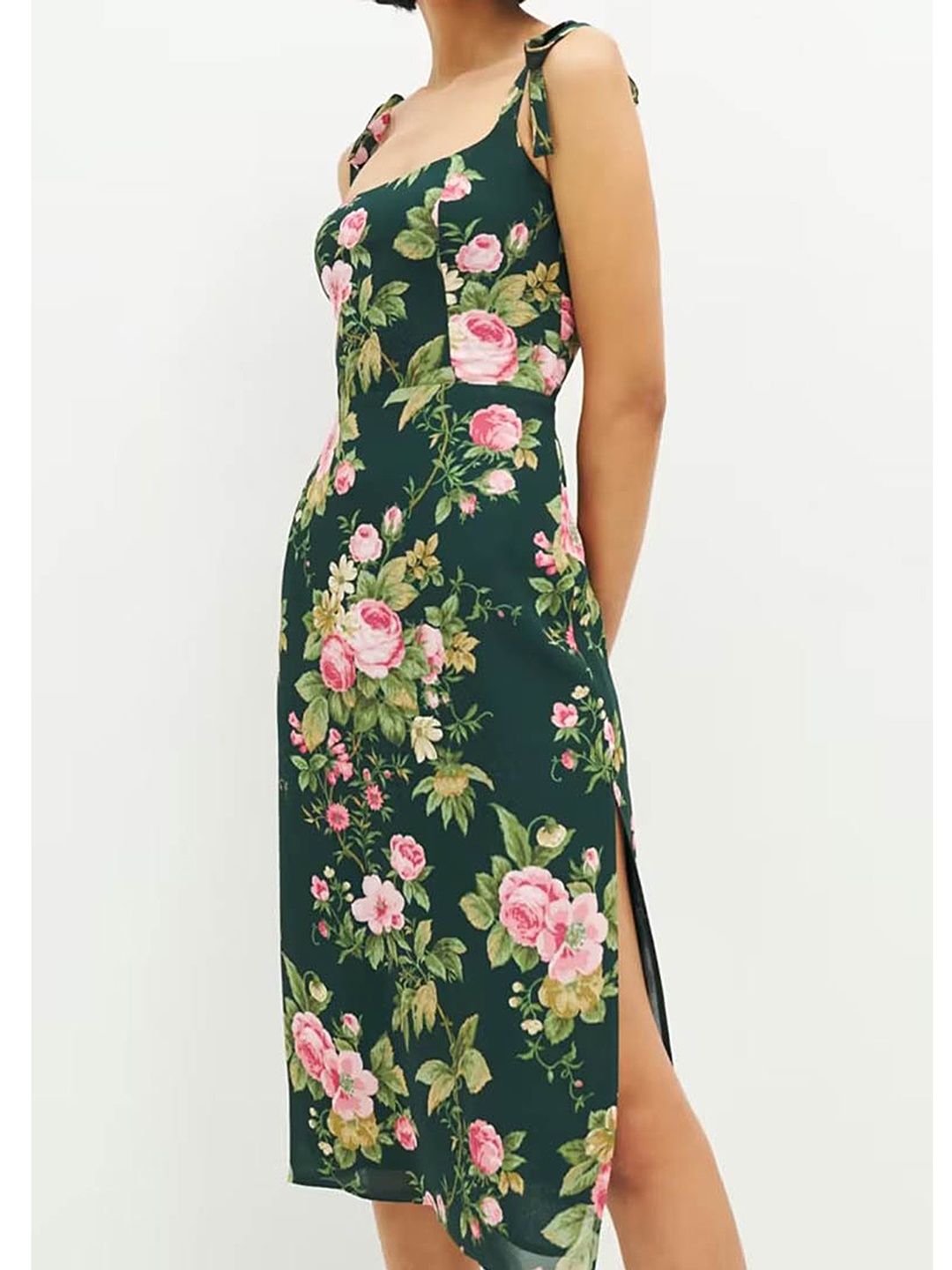 

LULU & SKY Floral Printed Shoulder Straps Sheath Midi Dress, Green