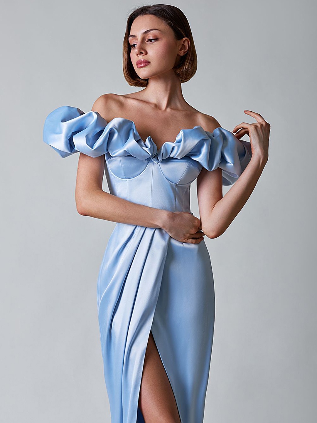 

LULU & SKY Off-Shoulder Puff Sleeve Pleated Slit Maxi Dress, Blue