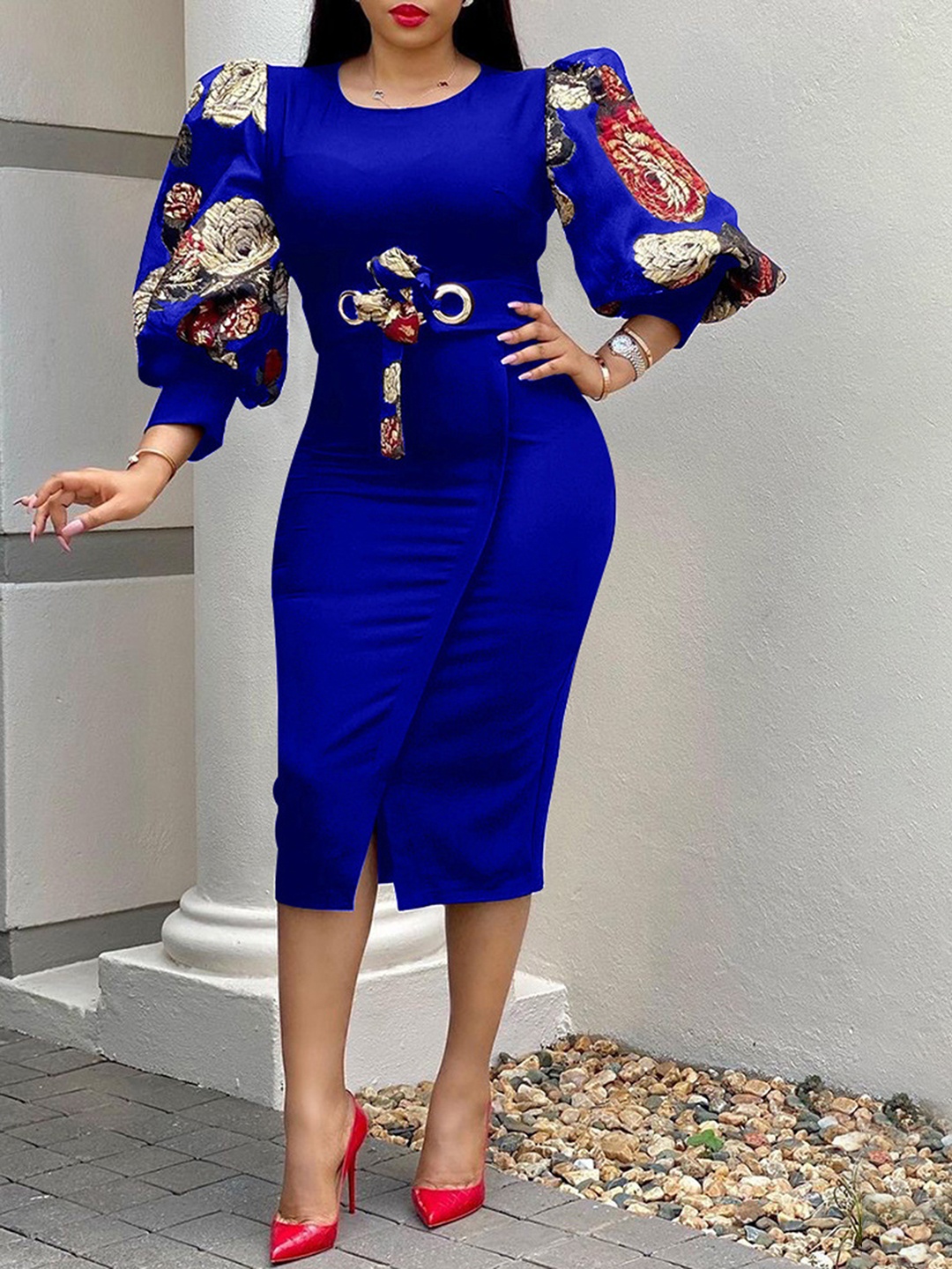 

LULU & SKY Floral Printed Puff Sleeves Bodycon Dress, Blue