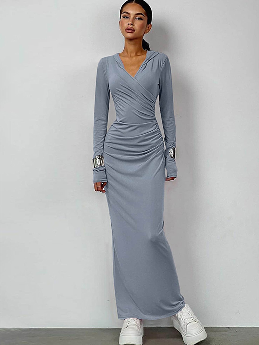 

LULU & SKY V Neck Long Sleeves Maxi Casual Dress, Blue