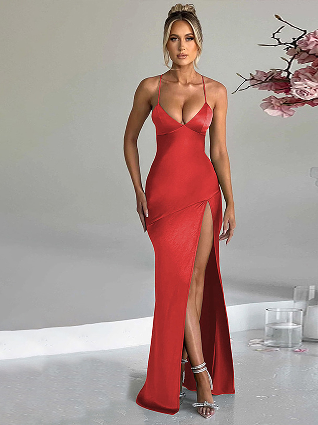 

LULU & SKY Shoulder Straps Sleeveless Cut Out Slit Maxi Dress, Red