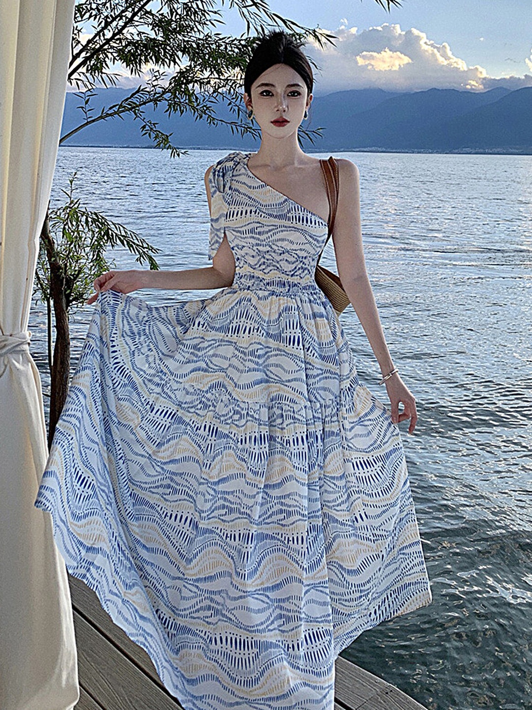 

LULU & SKY Floral Printed One Shoulder Knee Length A-Line Casual Dress, Blue