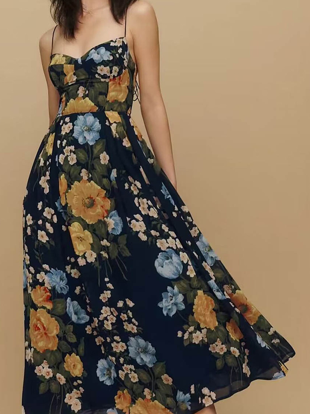 

LULU & SKY Floral Printed Sleeveless Fit & Flare Midi Dress, Navy blue