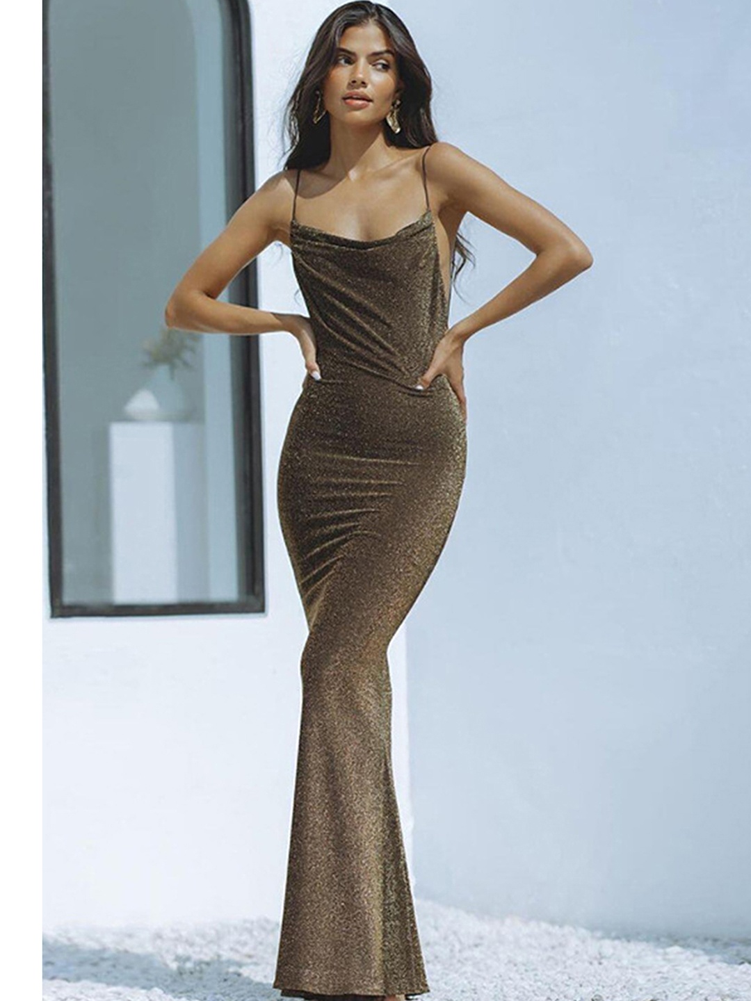

LULU & SKY Shoulder Straps Backless Maxi Dress, Brown
