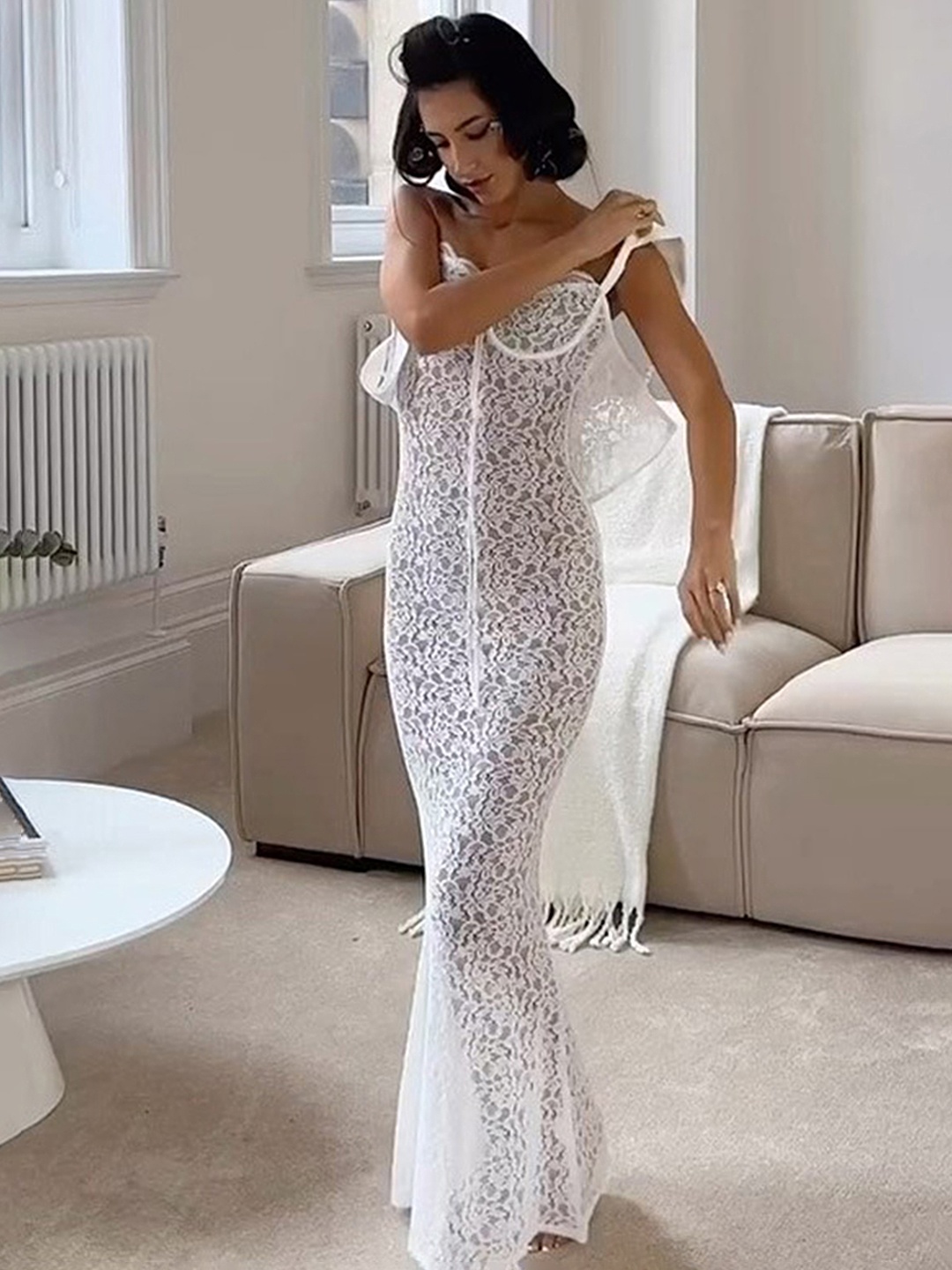 

LULU & SKY Self Design Shoulder Straps Maxi Dress, White