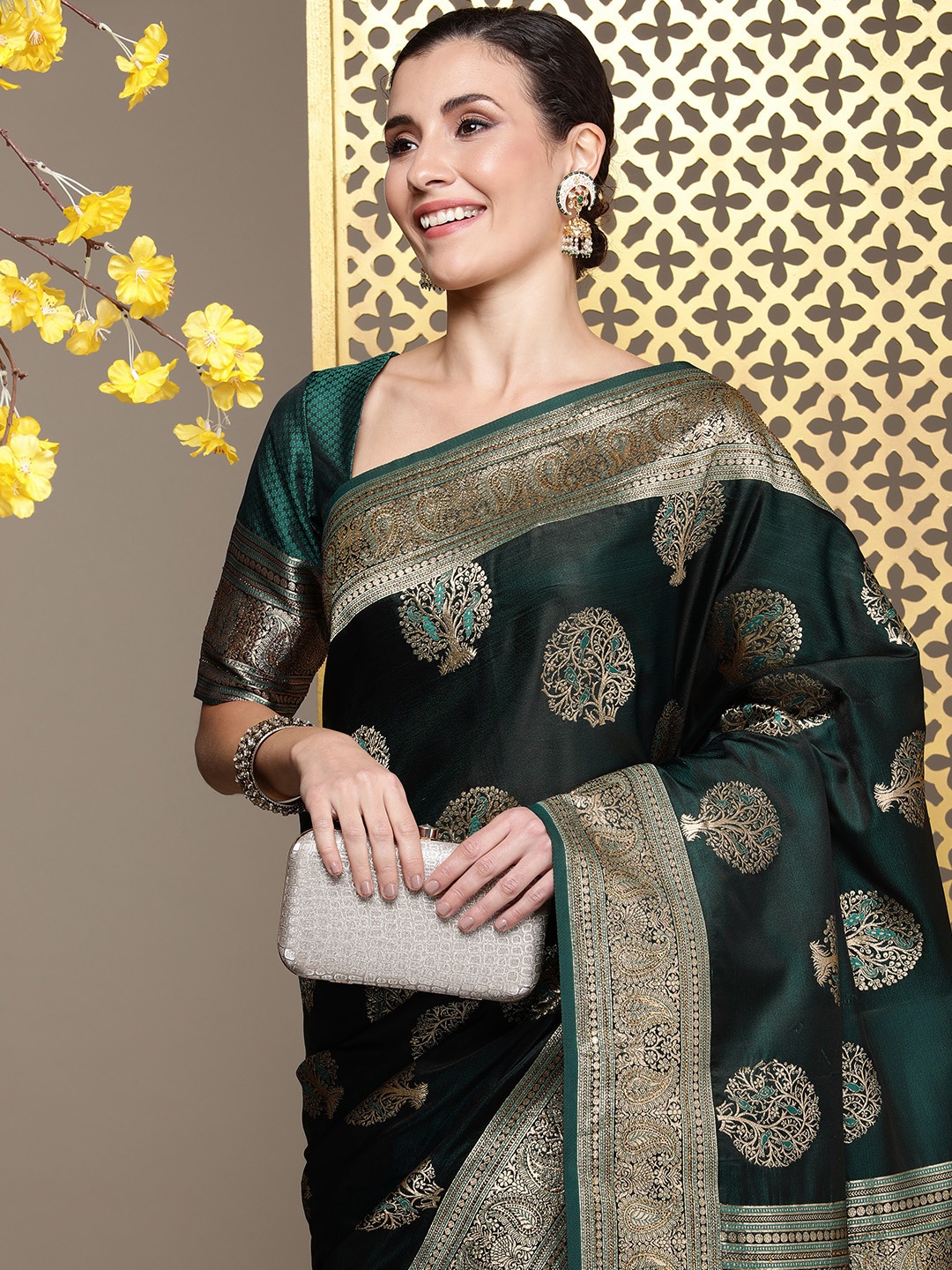 

House of Pataudi Woven Design Ethnic Motifs Zari Satin Banarasi Saree, Green