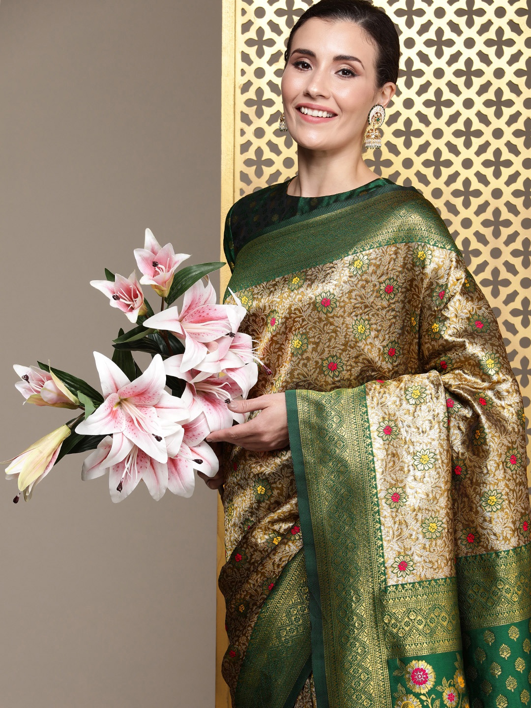 

House of Pataudi Floral Zari Silk Blend Banarasi Saree, Gold