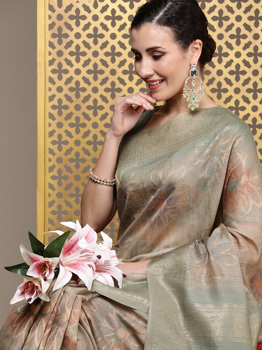 

House of Pataudi Floral Zari Banarasi Saree, Green