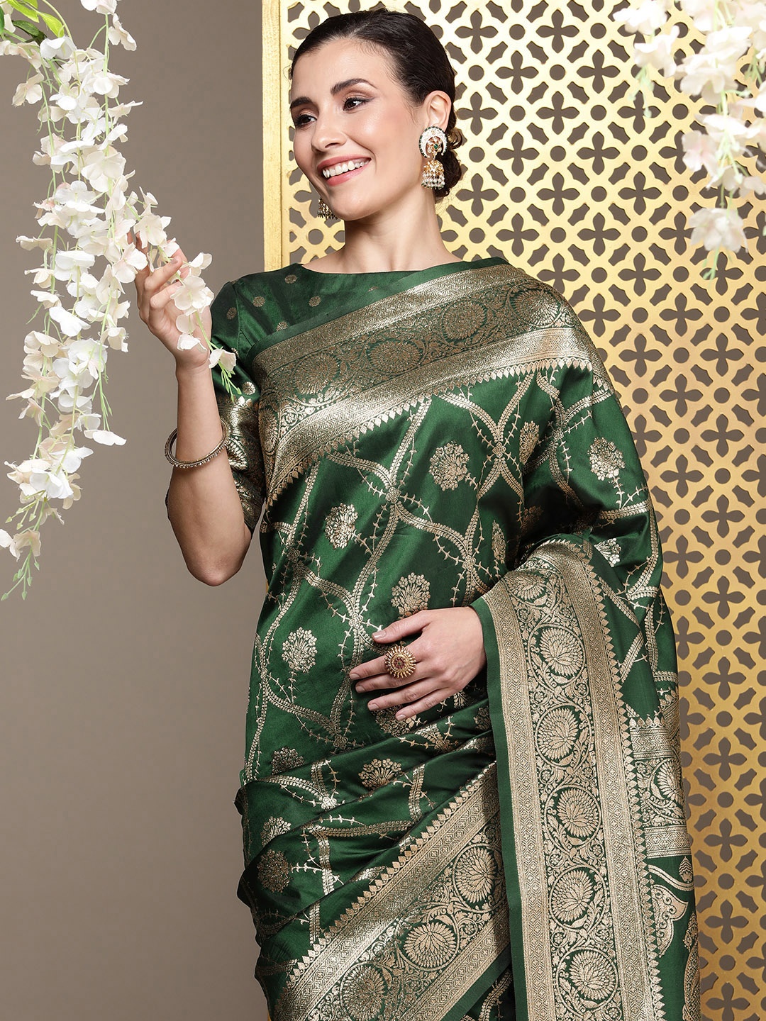 

House of Pataudi Floral Zari Silk Blend Banarasi Saree, Green