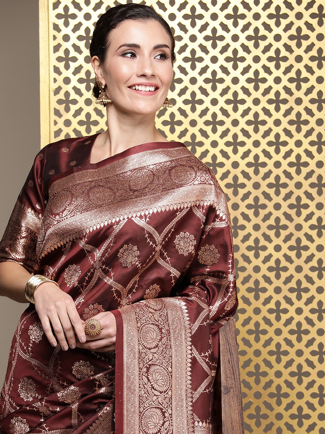 

House of Pataudi Floral Zari Silk Blend Banarasi Saree, Brown