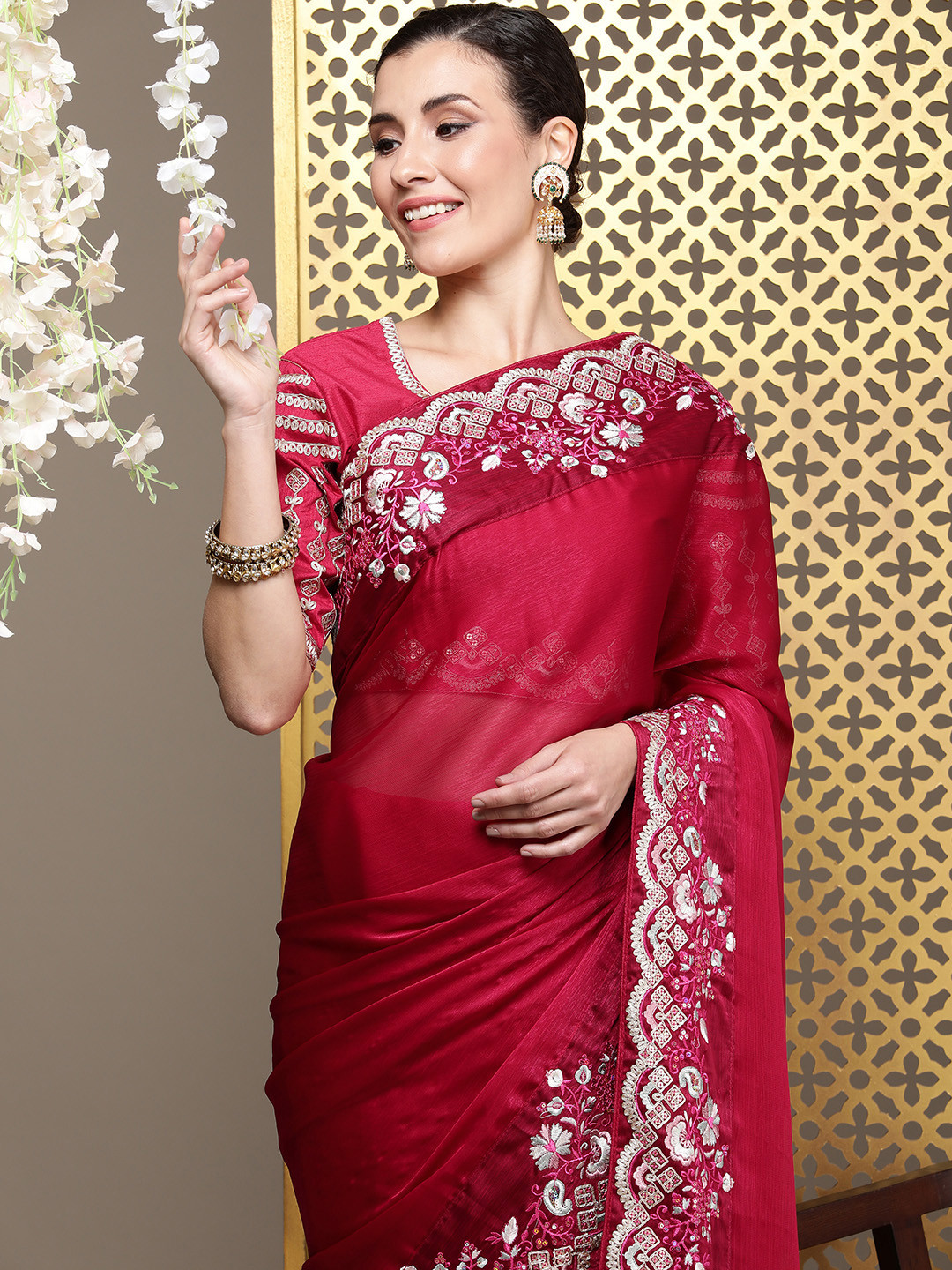 

House of Pataudi Sequinned Satin Banarasi Saree, Magenta