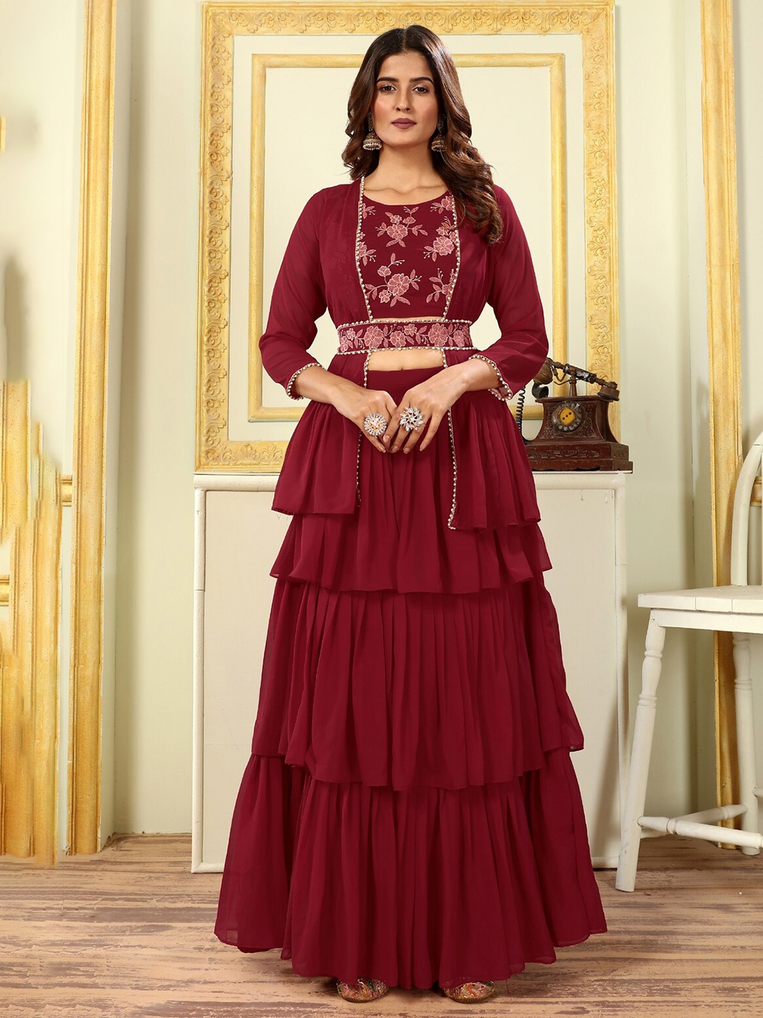 

PATLANI STYLE Designer Stitched Lehenga with Ready Jacket & Embroidery Stitched Blouse, Maroon