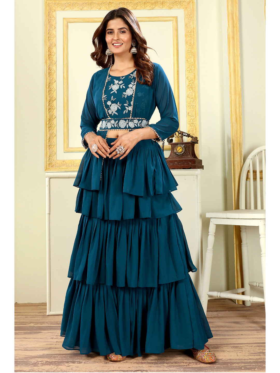 

PATLANI STYLE Embroidered Ready to Wear Lehenga & Unstitched Bloue, Turquoise blue