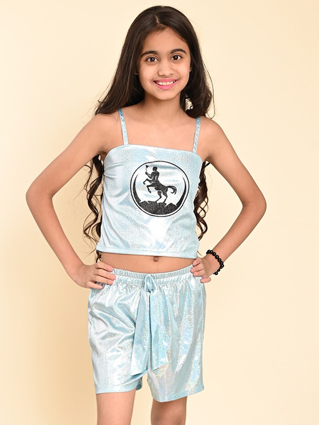 

BAESD Girls Graphic Printed Shoulder Straps Sleeveless Lycra Top With Shorts, Blue