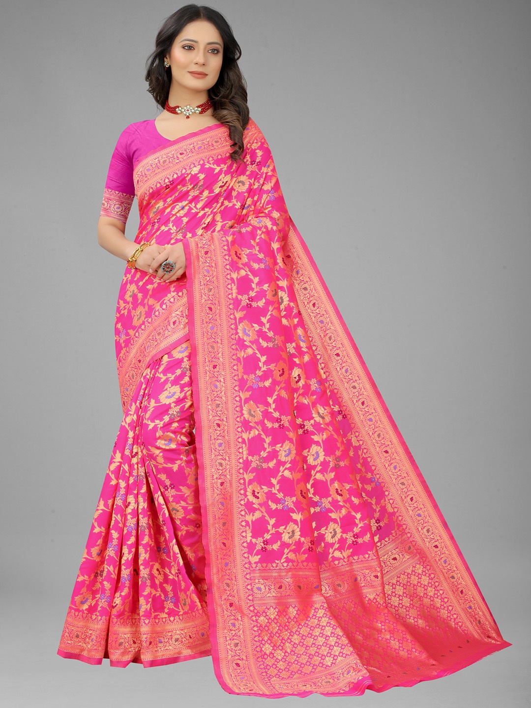 

NENCY FASHION Pink & Blue Floral Woven Design Zari Banarasi Saree