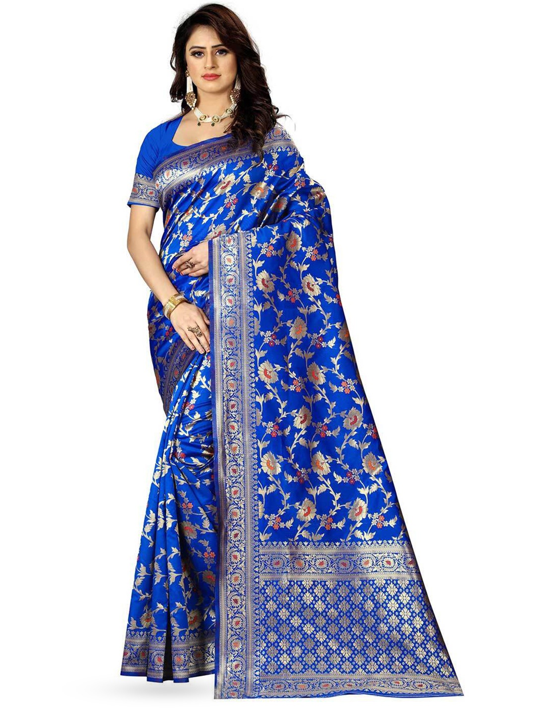 

NENCY FASHION Floral Woven Design Zari Banarasi Saree, Navy blue