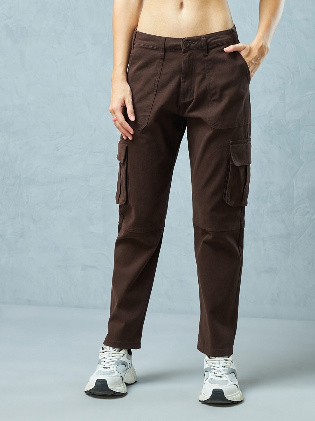 

Bewakoof Women Mid-Rise Cargo Trousers, Brown