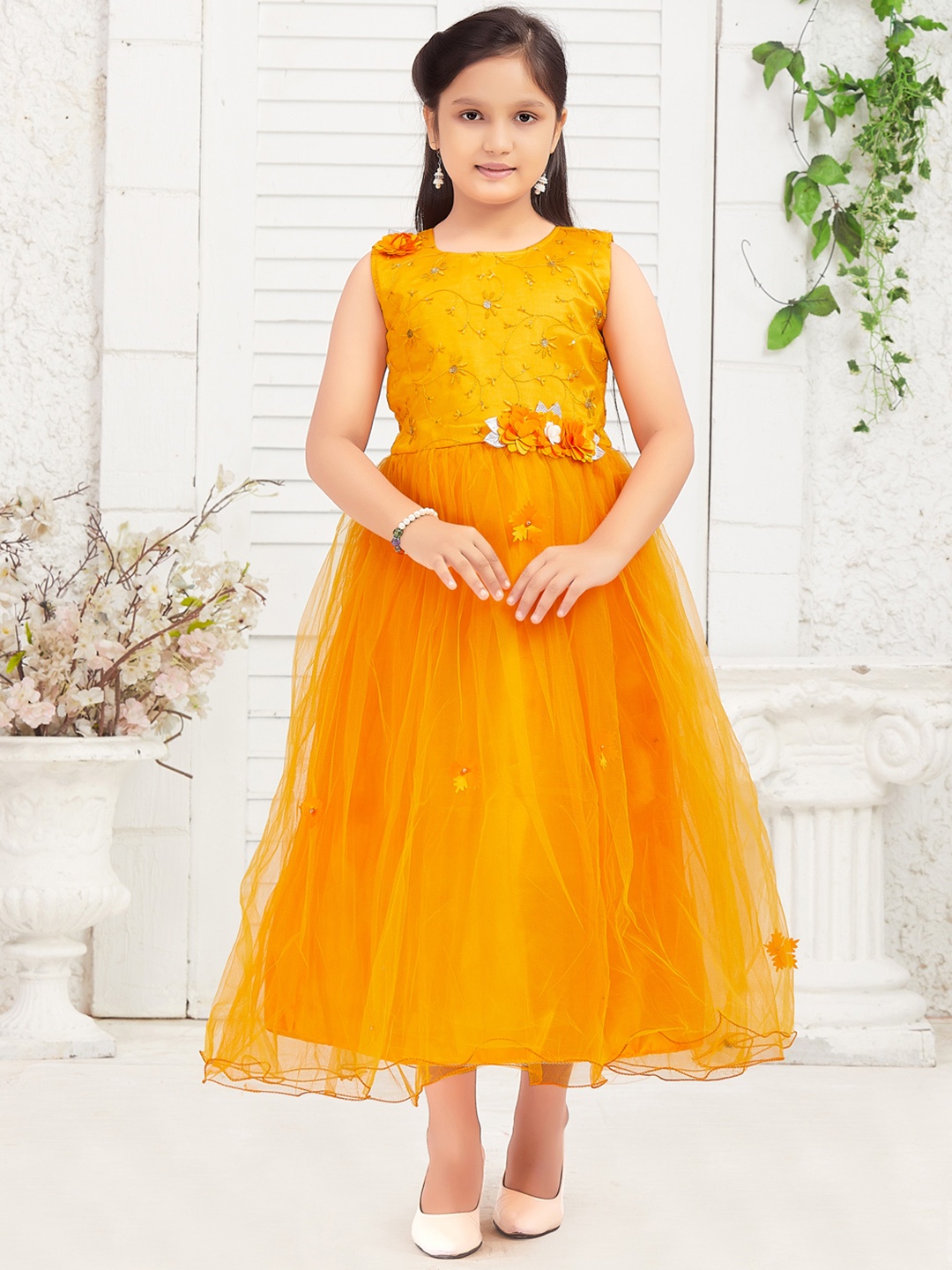 

Aarika Girls Embellished Round Neck Sleeveless Net Maxi Dress, Yellow