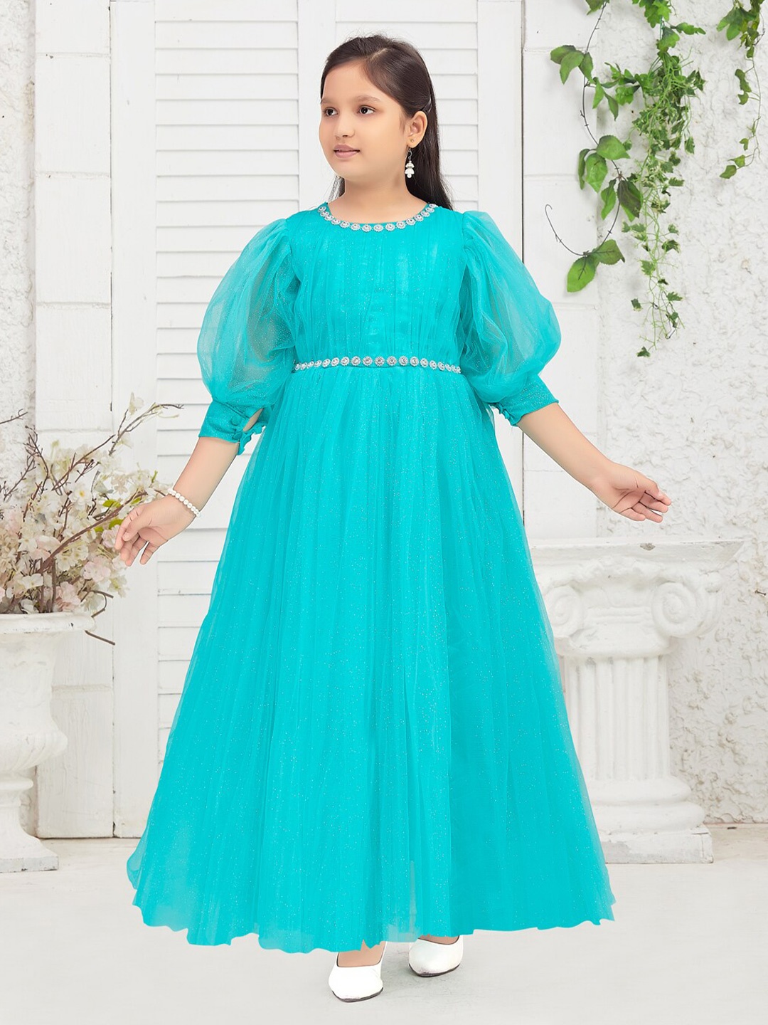 

Aarika Girls Round Neck Puff Sleeve Maxi Dress, Sea green