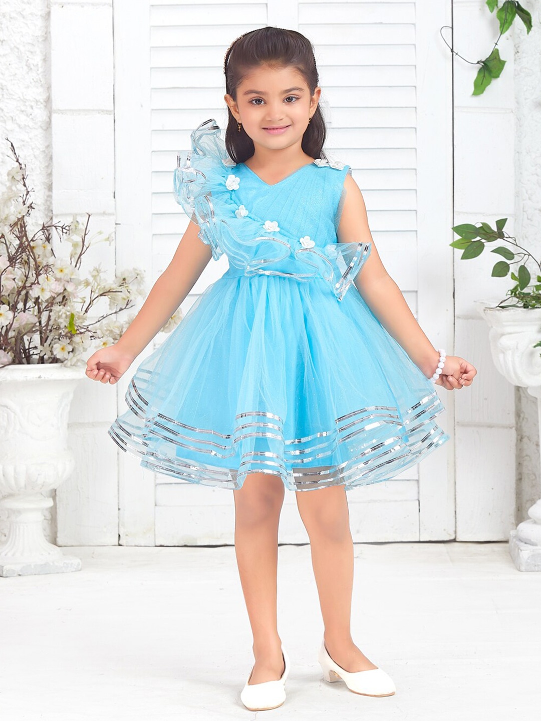 

Aarika Girls Self Design Round Neck Fit & Flare Dress, Turquoise blue