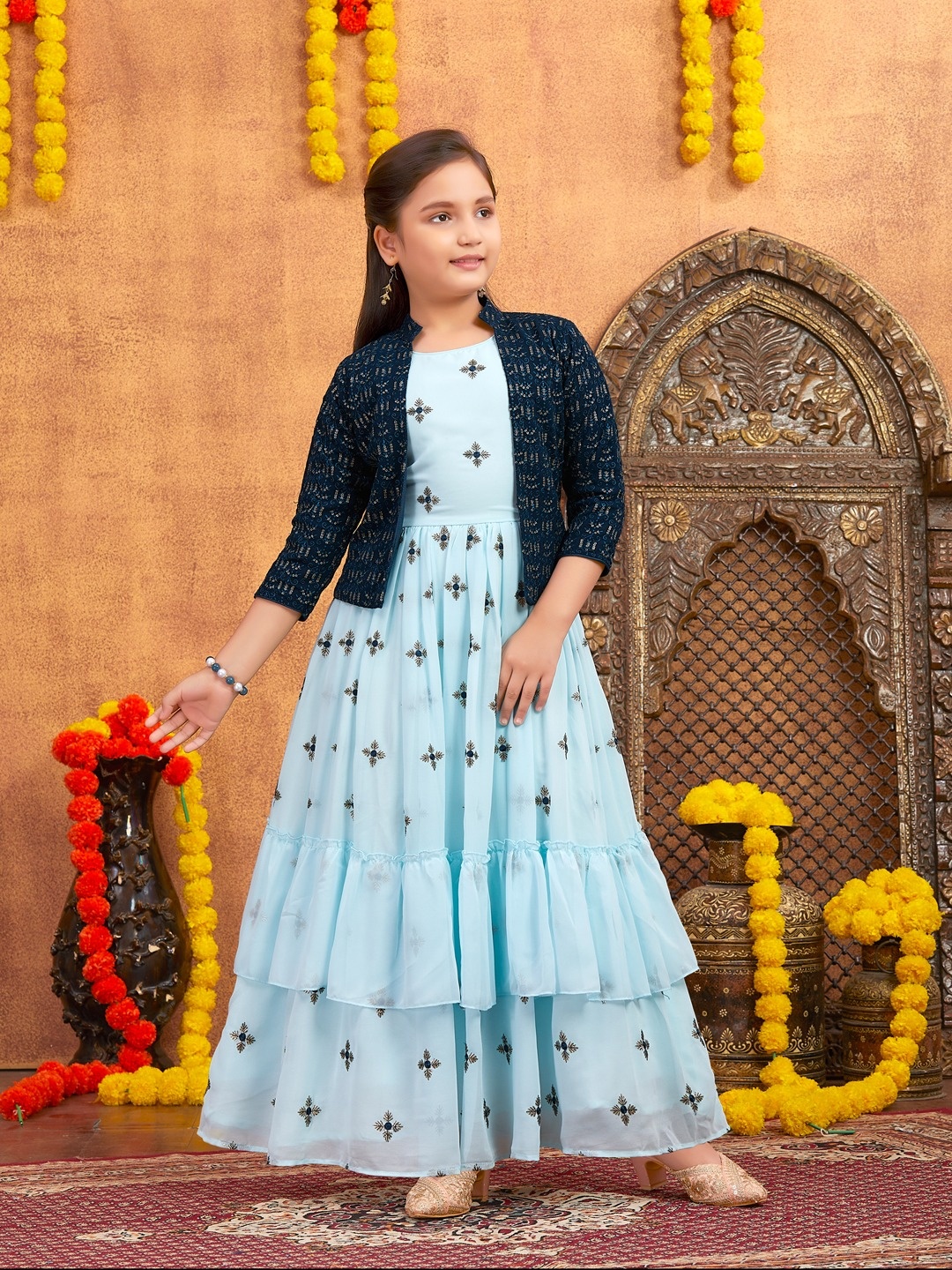 

Aarika Girls Embellished Round Neck Georgette Gown With Shrug And Bracelet, Turquoise blue