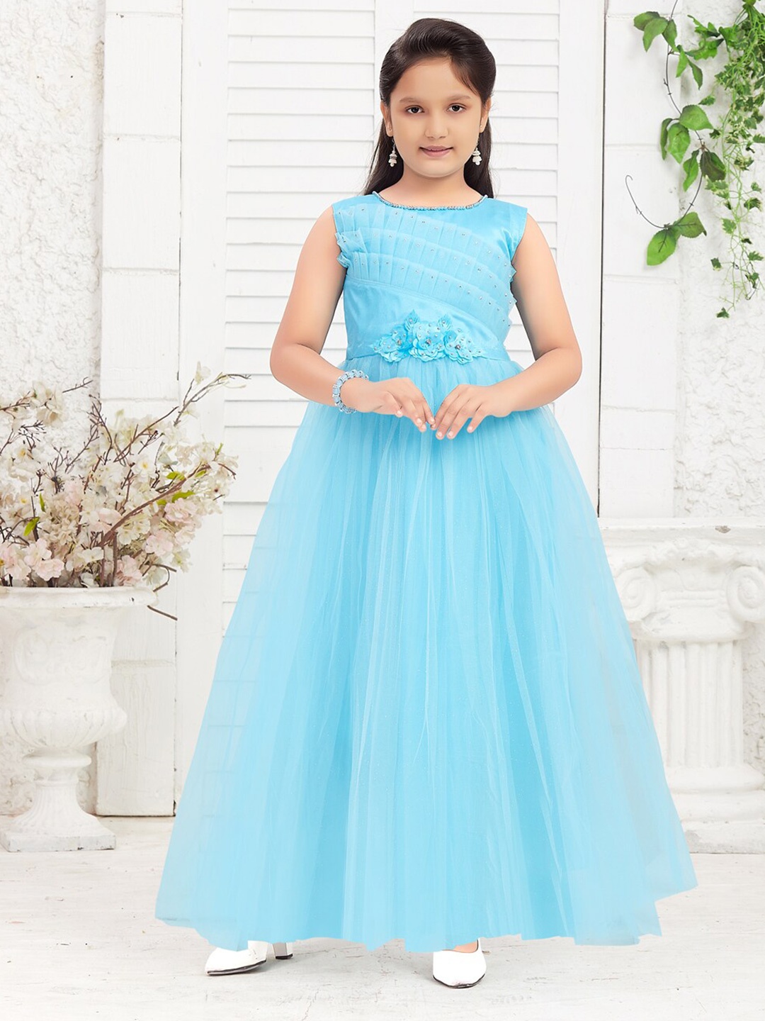 

Aarika Girls Embellished Beads Round Neck Opaque Maxi Dress, Turquoise blue