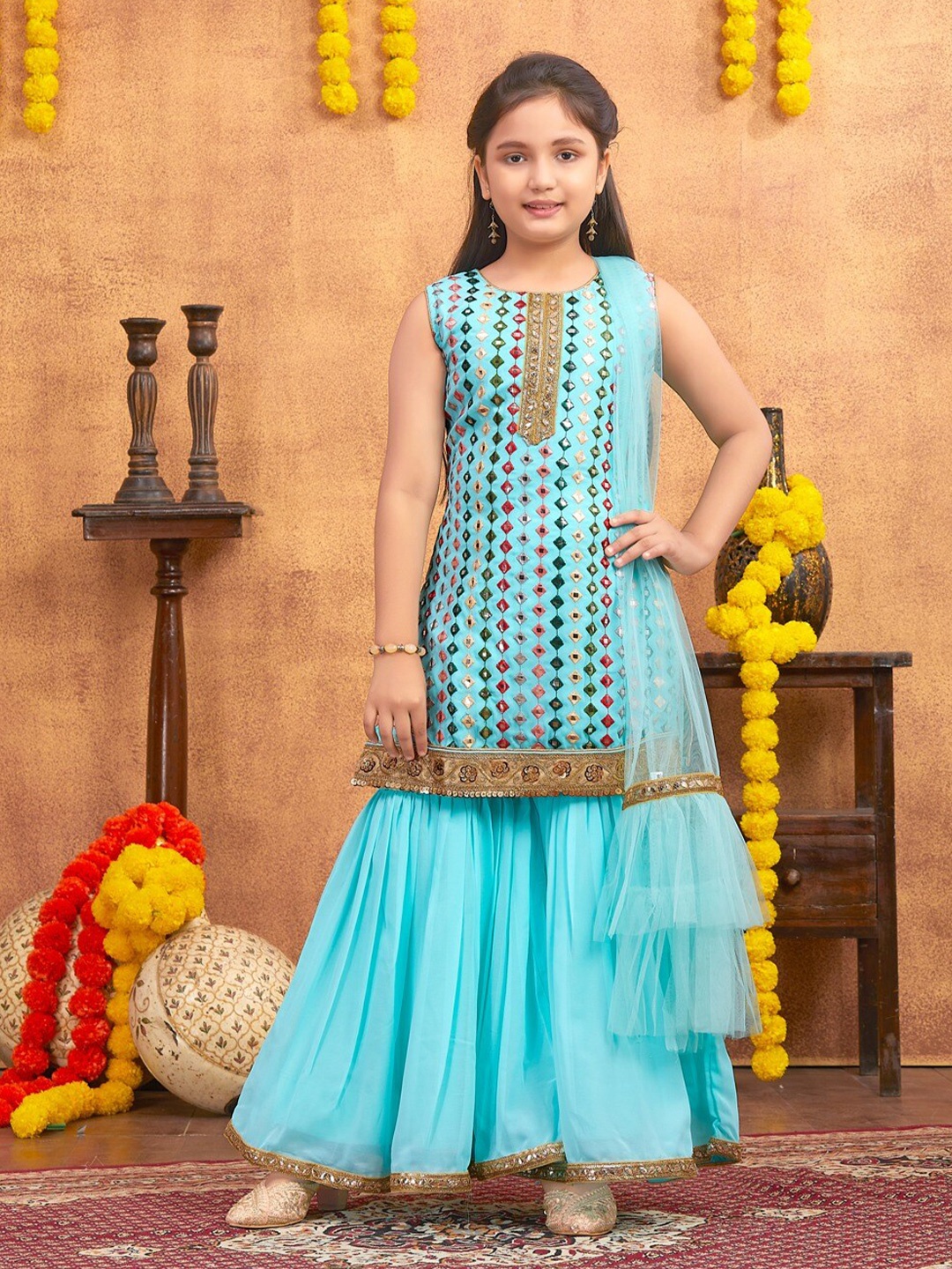 Aarika Girls Floral Embroidered Regular Mirror Work Kurta With Sharara & Dupatta, Turquoise blue