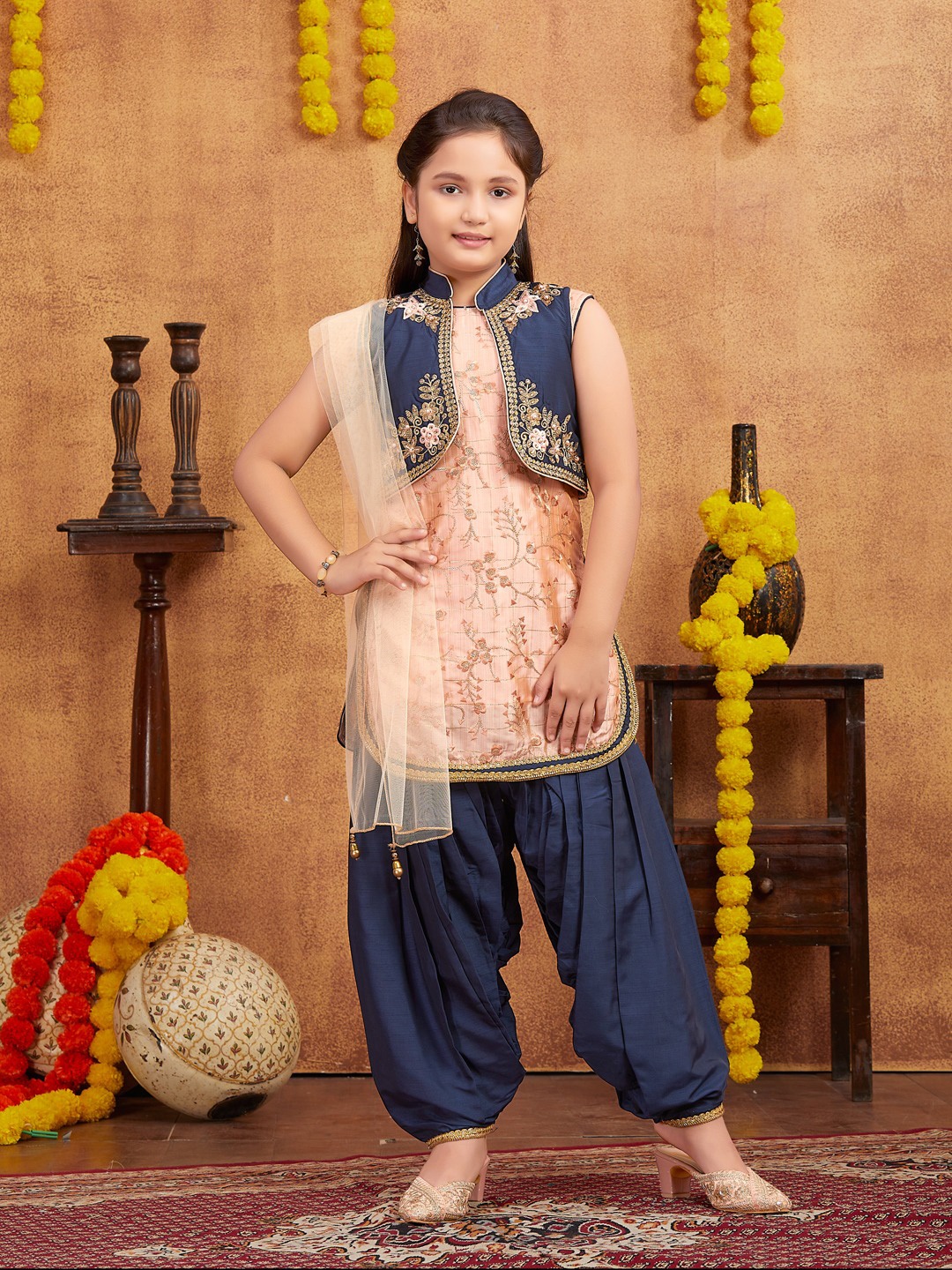 

Aarika Girls Floral Embroidered Round Neck Pure Silk Kurti With Patiala & Dupatta, Peach
