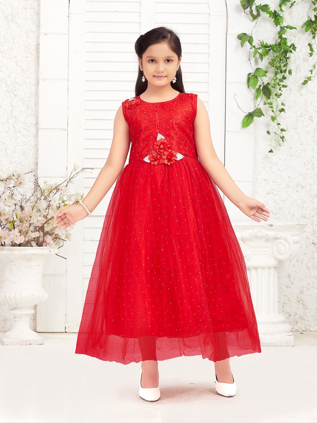 

Aarika Girls Floral Embroidered Round Neck Sleeveless Net Fit & Flare Maxi Dress, Red