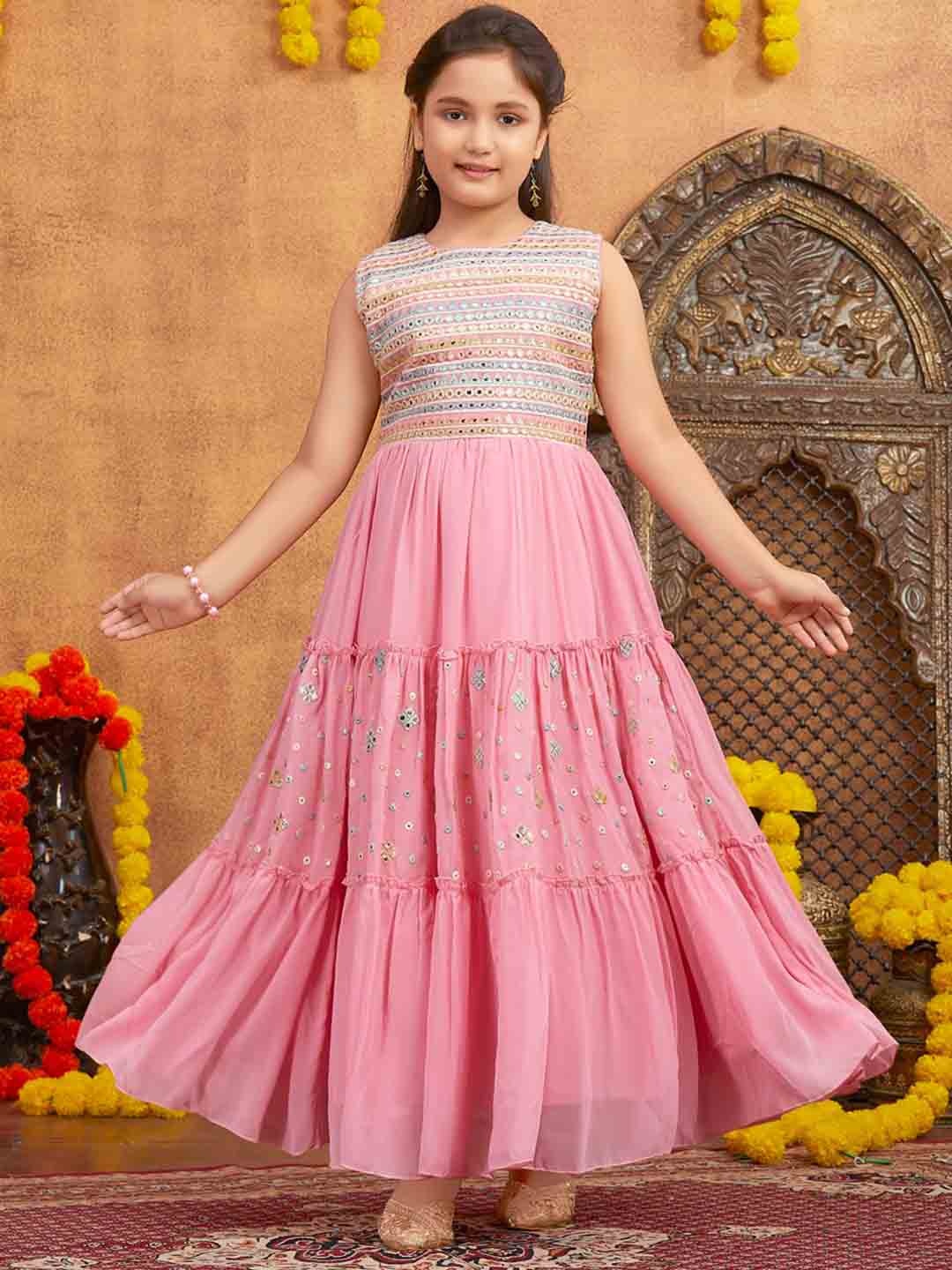 

Aarika Girls Embroidered Round Neck Sleeveless Georgette Maxi Dress, Pink