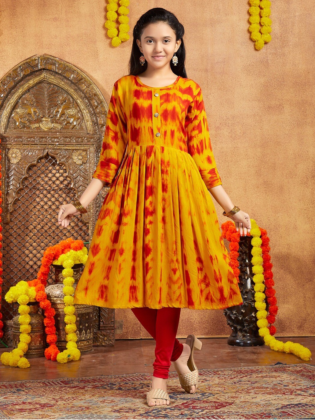 Aarika Girls Tie & Dye Printed Round Neck Cotton A-Line Kurta, Yellow