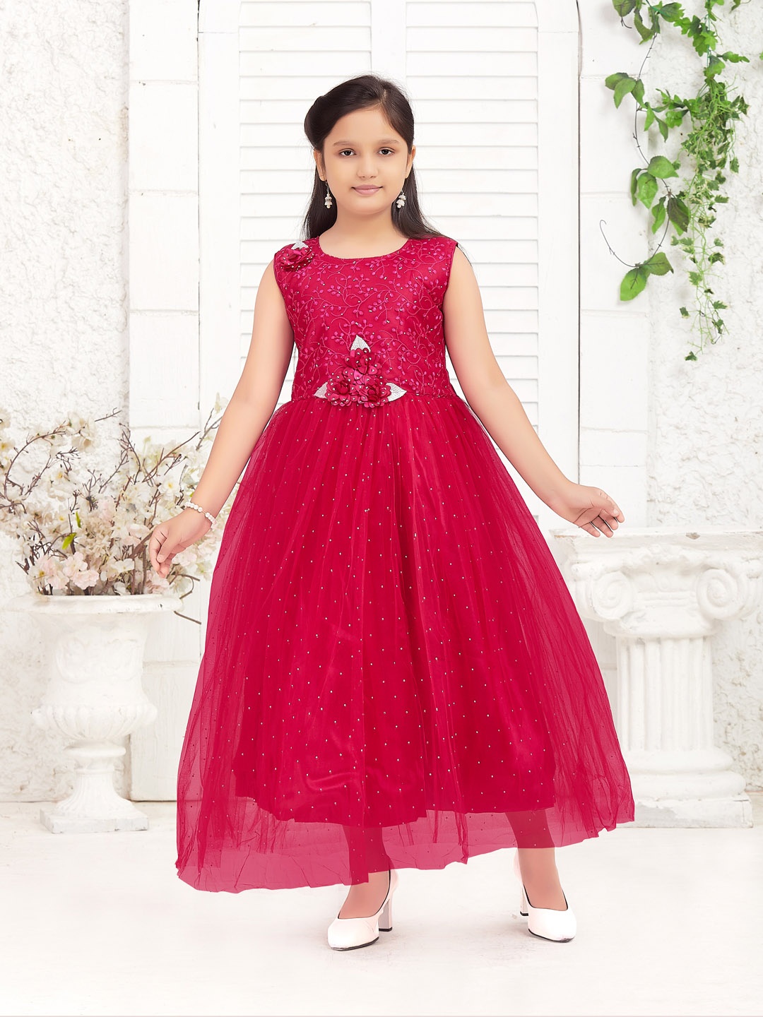 

Aarika Girls Embellished Round Neck Sleeveless Net Maxi Dress, Pink