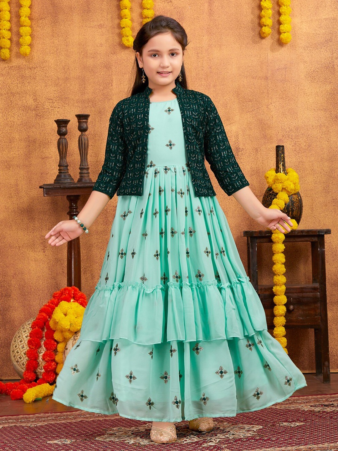 

Aarika Girls Floral Printed Embroidery Round Neck A-Line Dress With Shrug And Bracelet, Sea green