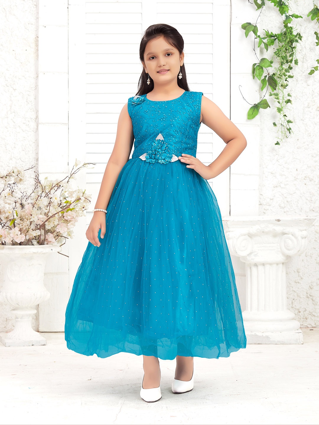 

Aarika Girls Floral Embroidered Round Neck Sleeveless Net Fit & Flare Maxi Dress, Teal