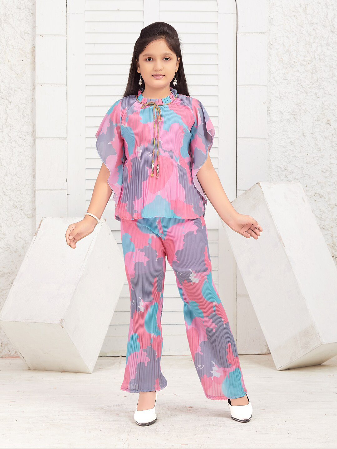 

Aarika Girls Abstract Printed Flared Sleeves Top with Trouser, Pink