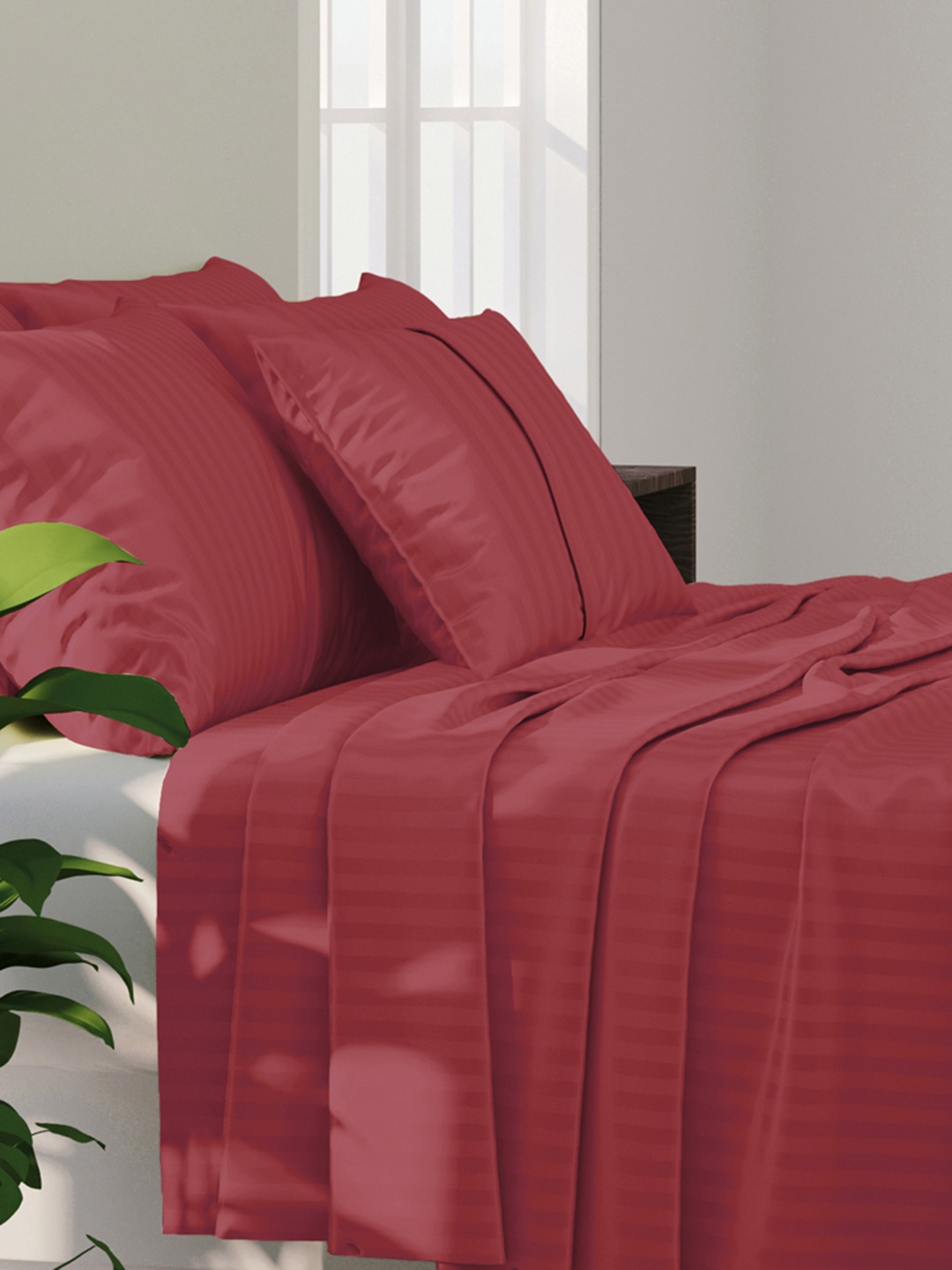 

LABHAM Maroon Striped 210 TC King Bedsheet with 2 Pillow Covers