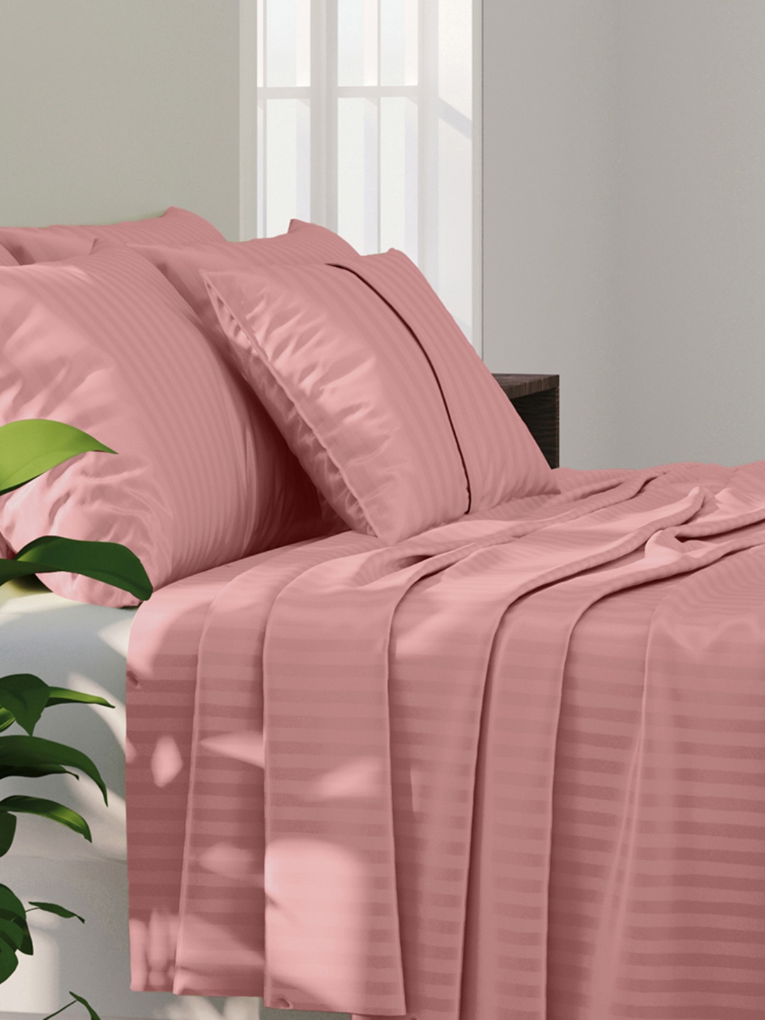 

LABHAM Pink Striped 210 TC King Bedsheet with 2 Pillow Covers