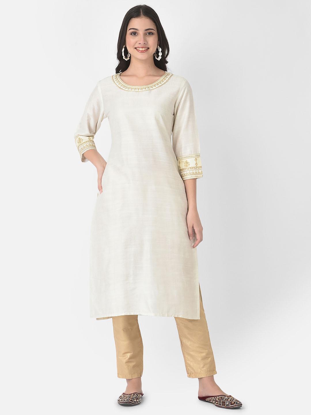 

Span Round Neck Regular Sequined Silk Straight Kurta, White