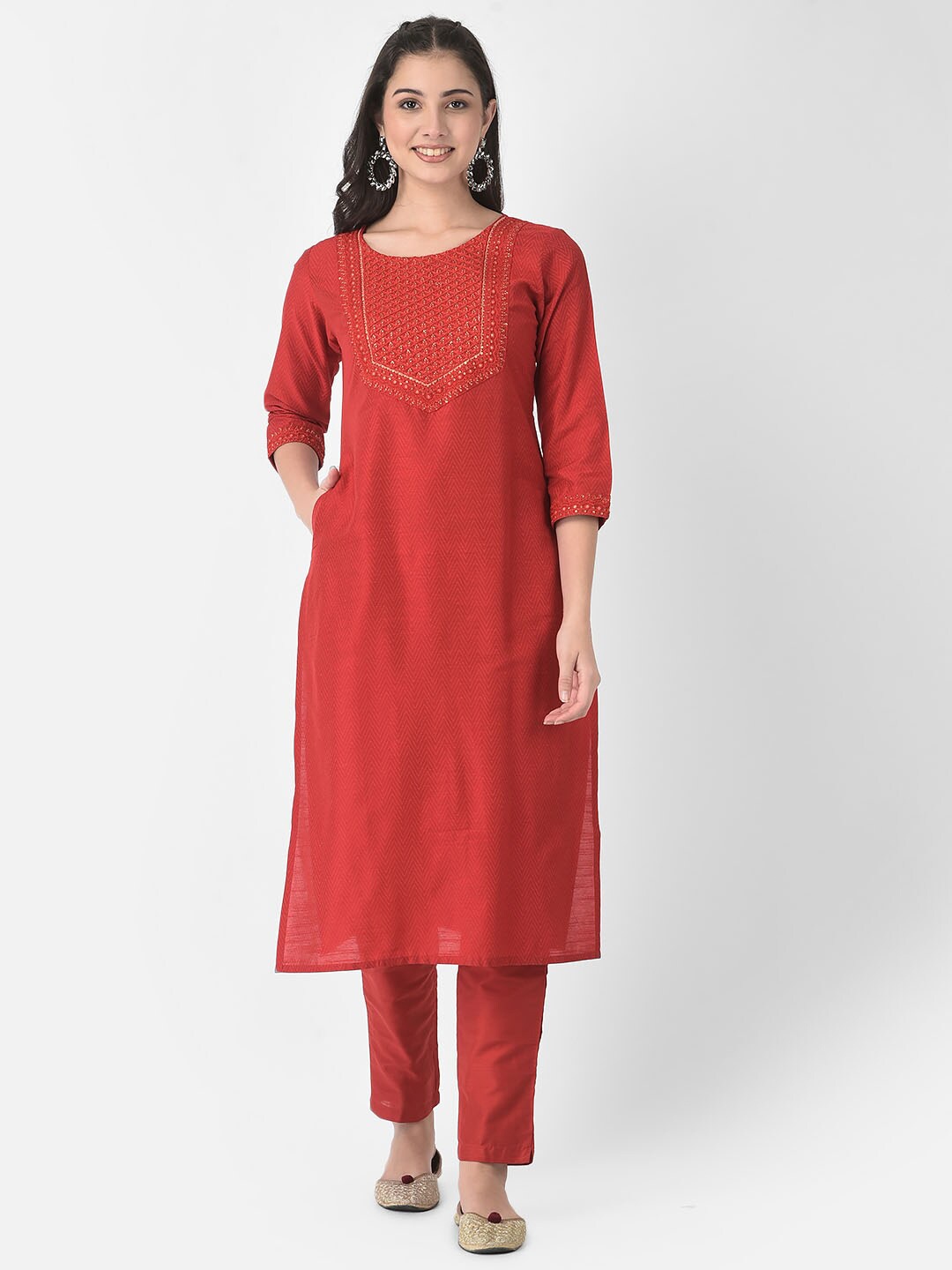 

Span Yoke Design Straight Silk Kurta, Red