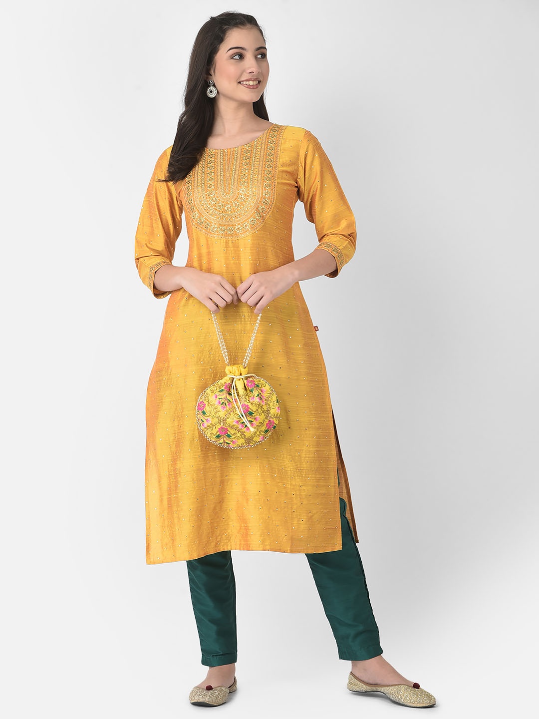 

Span Ethnic Motifs Embroidered Round Neck Mirror Work Silk Straight Kurta, Yellow