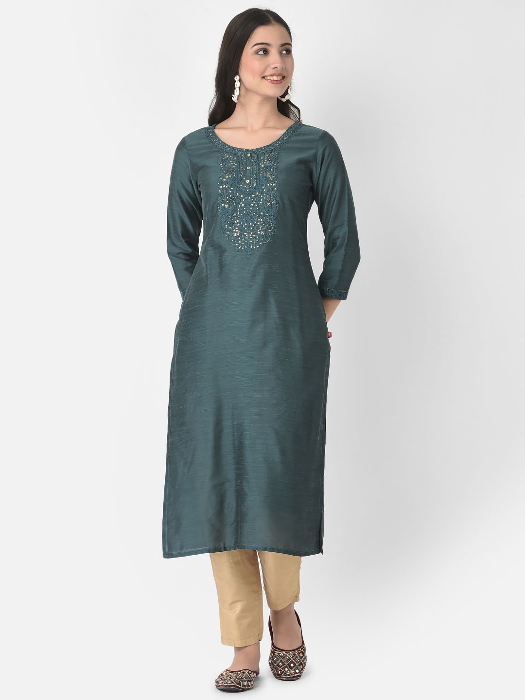 

Span Floral Embroidered Thread Work Silk Straight Kurta, Green