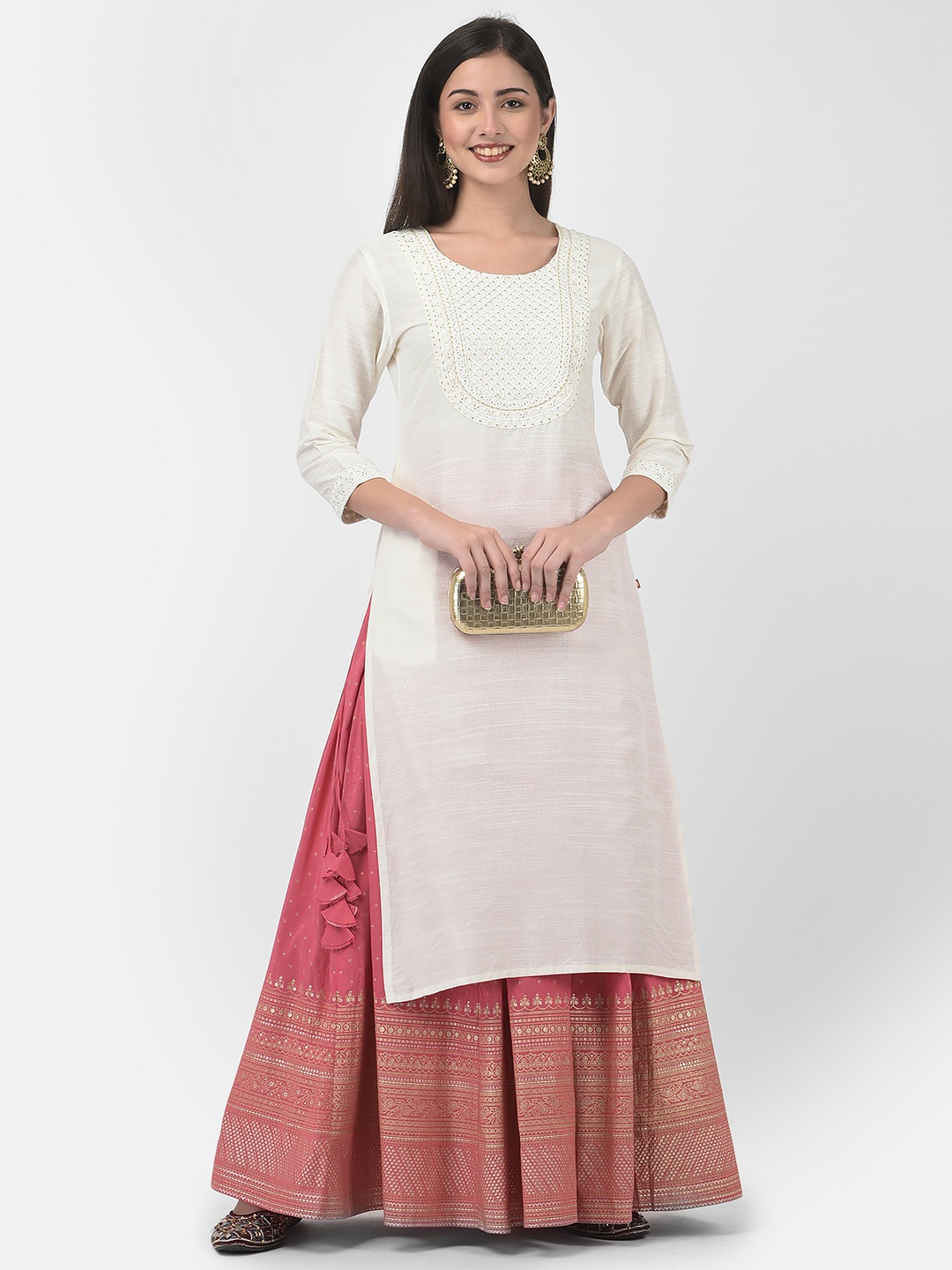 

Span Yoke Design Thread Work Straight Kurta, White