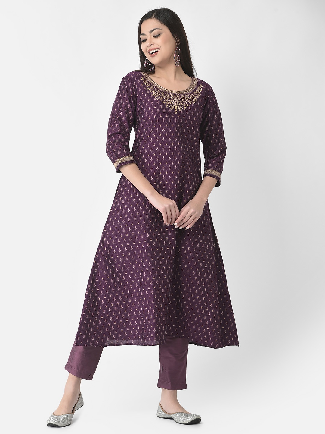 

Span Ethnic Motifs Printed Round Neck Thread Work Silk A-Line Kurta, Purple