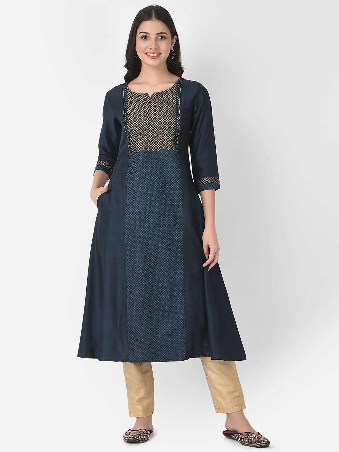 

Span Ethnic Motif Printed A-Line Kurta, Navy blue