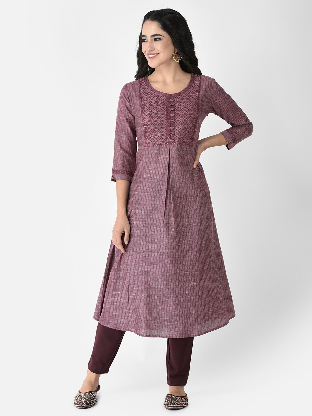 

Span Floral Embroidered Thread Work Cotton A-Line Kurta, Purple