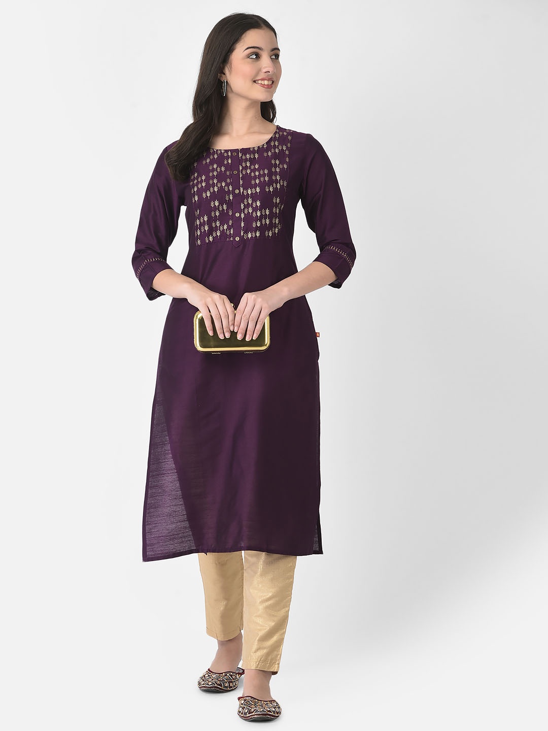 Span Ethnic Motif Yoke Design Straight Kurta, Purple